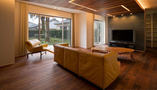 living room with false ceiling in wood