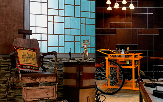 kitsch elements and industrial-finish furniture