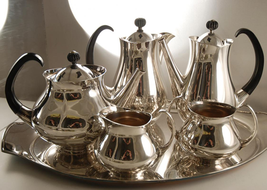      A post war silver plated tea set designed by Eric Clements  