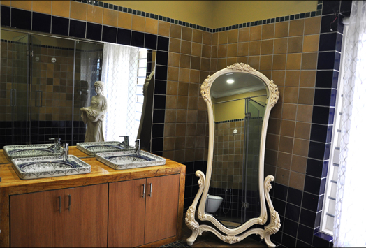 classic-contemporary bathroom with ornate mirror frame