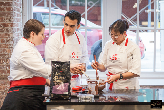 chefs at work at Valrhona Chocolaterie in Brooklyn, NYC