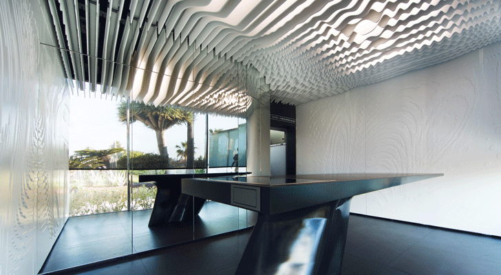 krion table with undulating ceiling