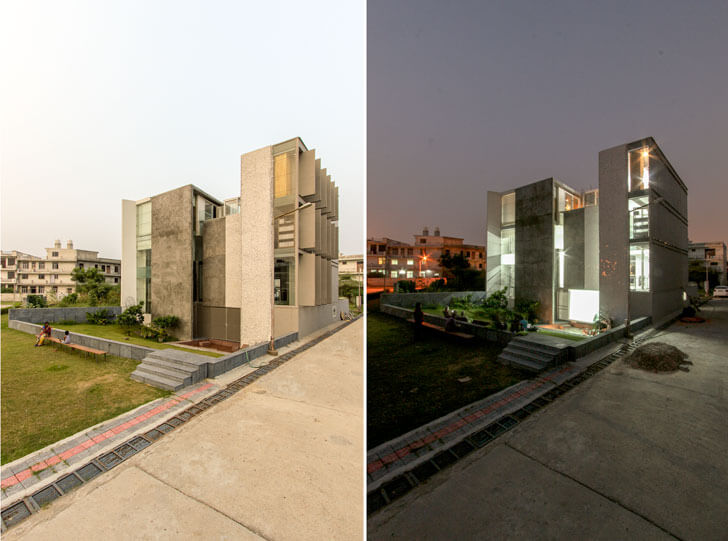 "Exterior by day by night Anita Dube Res anagram architects indiaartndesign"