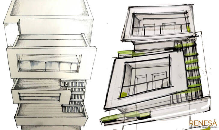 "facade sketch white overlap renesa architects indiaartndesign"