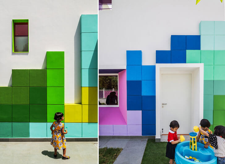 "children in awe tetris facade renesa maple bear indiaartndesign"