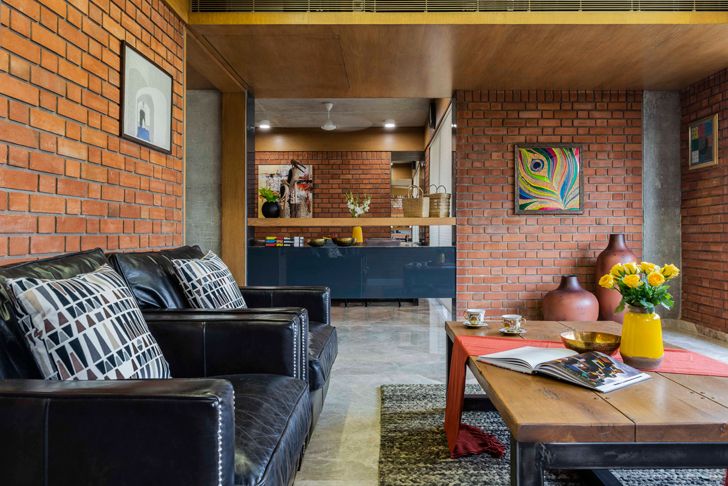 "living room brick house ahmedabad the grid architects indiaartndesign"