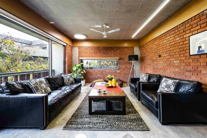 "living room2 brick house ahmedabad the grid architects indiaartndesign"
