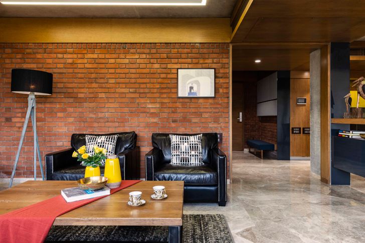 "living room3 brick house ahmedabad the grid architects indiaartndesign"