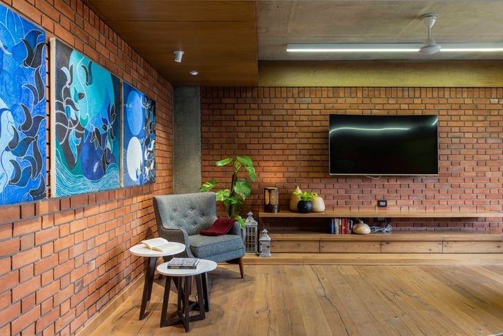 "living room4 brick house ahmedabad the grid architects indiaartndesign"