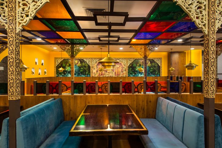 "coloured ceiling manbhavan restaurant sankraman architects indiaartndesign"