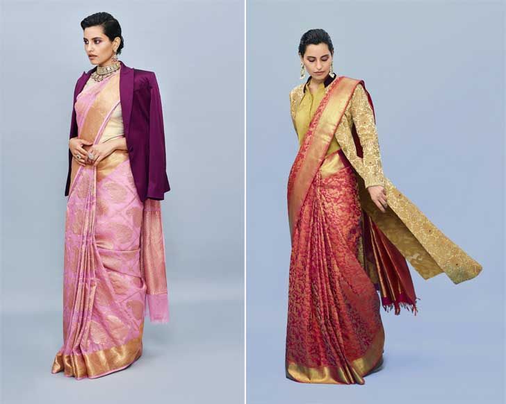 "advaya collection with blazer and cape kanjivaram sari house of angadi indiaartndesign"