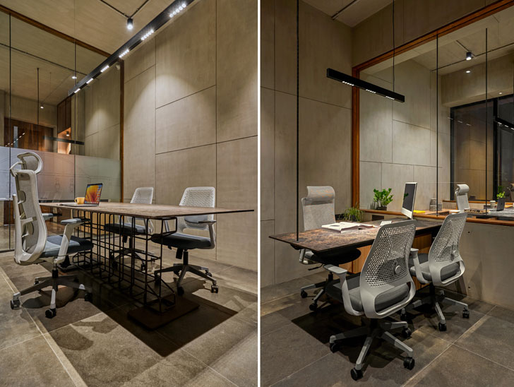 metal plates used as table tops at surat office designed by sharran architecture plus design