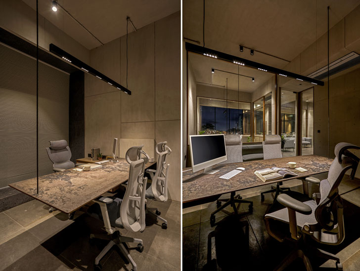 steel rods precision developed as suspenders for tables at surat office designed by sharran architecture plus design