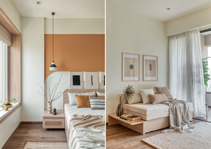 bedroom and cosy seating niche in pune apartment designed by alkove design