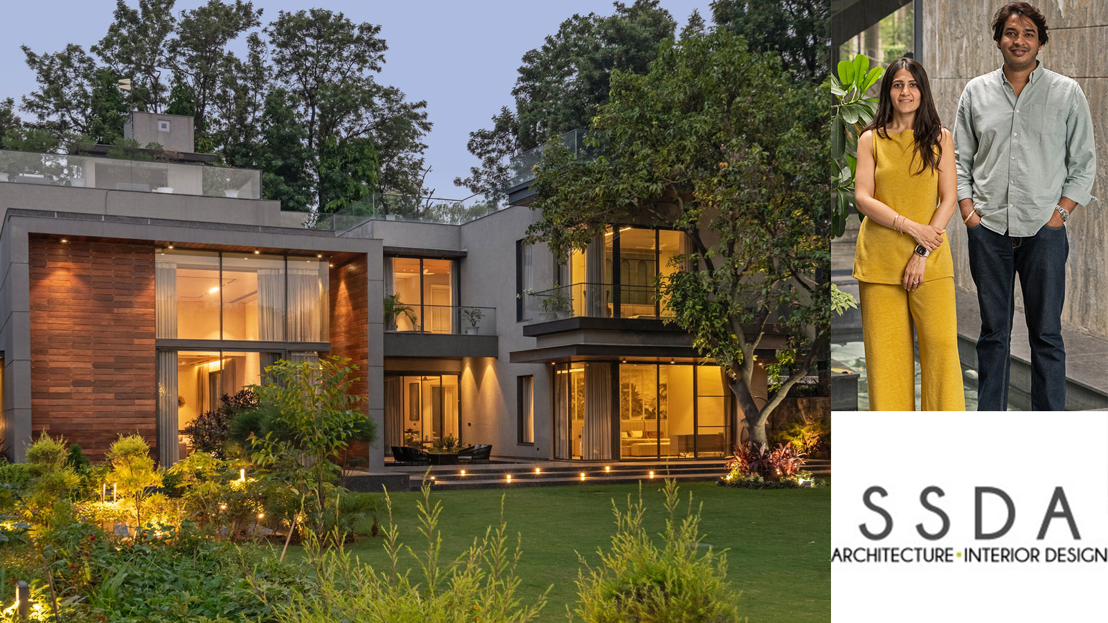Wide-angle shot of the residence showing landscaped lawns and open-air decks around the structure. this is plumeria house designed by ssda