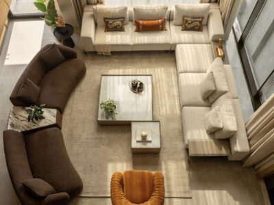 aerial view of livingroom in luxurious gurugram home designed by house and beyond