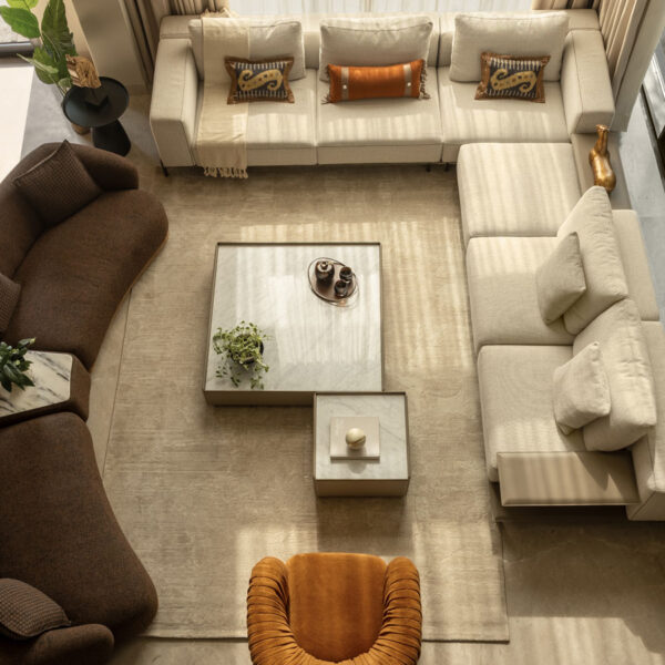 aerial view of livingroom in luxurious gurugram home designed by house and beyond