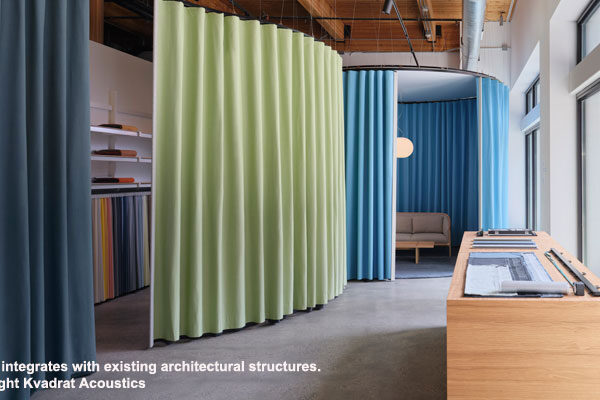 Foster + Partners Industrial Design and Kvadrat Acoustics have launched Waves, an acoustic curtain system that functions as an architectural element for shaping adaptable interior environments.
