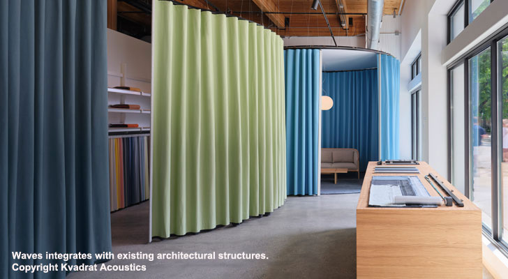 Foster + Partners Industrial Design and Kvadrat Acoustics have launched Waves, an acoustic curtain system that functions as an architectural element for shaping adaptable interior environments.