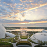 shenzhen bay culture square designed by MAD architects where the building merges with teh coastline