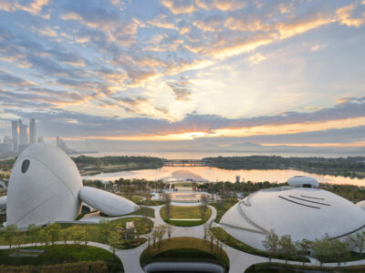 shenzhen bay culture square designed by MAD architects where the building merges with teh coastline